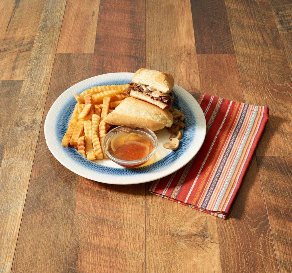 French Dip · Hot tender roast beef, sauteed mushrooms, melted Swiss cheese served on toasted French roll with au jus. Served with a side of fries, onion rings or slaw. 