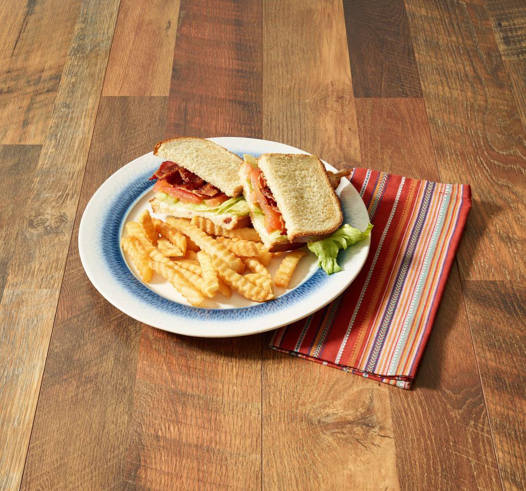 BLT · Bacon, lettuce, tomato with mayo served on toasted bread. Served with a side of fries, onion rings or slaw. 