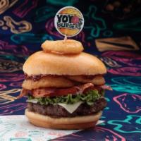Funion Burger · 6 oz Angus beef Patty, Bacon, Onion Rings, Lettuce, Tomatoes, American White cheese, and BBQ...