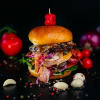 The Belly Buster Burger Combo · Two 6 oz. patties of all natural beef, cheddar, bacon, romaine, pickles, tomatoes, onions, s...