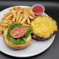 Cheese Burger · 8 oz. burger, lettuce, tomato, cheddar on a bun.