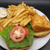 Fish Sandwich · Fried catfish, lettuce, tomato, tartar sauce, on a bun. Coleslaw on the side.