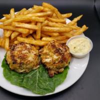 Crab Cake Platter · 2 Jumbo lump crab cakes broiled or fried served with a side item and a salad.