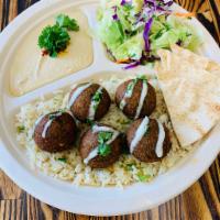 Falafel Plate · Served with Hummus, Salad, Rice falafels drizzled with tahini and pita bread