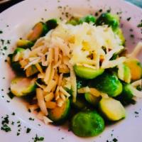 Cavolini di Bruxelles · Sauteed Brussels sprouts with pancetta and imported pecorino Romano cheese