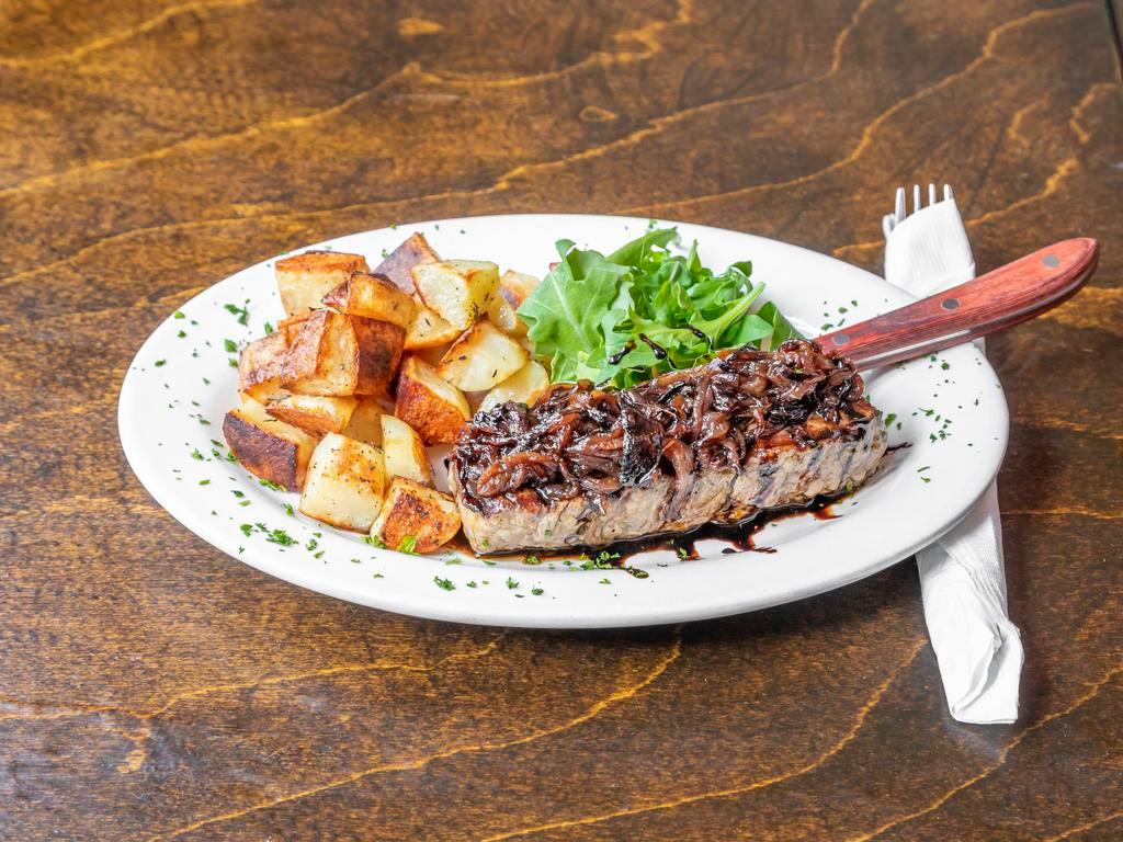 Bistecca di Manzo al Balsamico · Grilled all-natural 8oz. striploin with balsamic reduction and caramelized onions served with roasted potatoes.