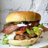 Chick Inn BLT Sandwich · Crispy chicken, smoked bacon, lettuce, tomato, buttermilk herb mayo, B&B pickles. Just Sandw...