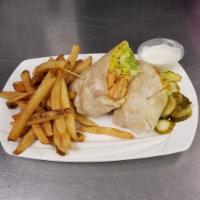 Buffalo Chicken Wrap · Grilled chicken, romaine lettuce, Buffalo sauce, blue cheese dressing.