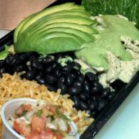 Vegan Endurance Plate · Vegan chicken, brown rice, black beans, pico de gallo, avocado and al vegano avocado sauce. ...