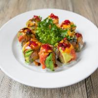 Perfect Match Roll · Lobster salad and asparagus inside with shrimp, eel, spicy tuna, red tobiko and avocado on t...