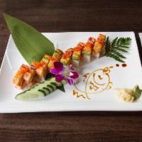 Kakko Sushi Roll · Osaka-style pressed sushi with spicy crunchy tuna, topped with salmon, tuna and avocado, ser...