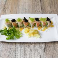 Honey Bee Roll · Avocado tempura, kani tempura and scallion topped with shrimp, red and black caviar, tempura...