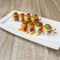 Kiss of Fire Roll · Spicy tuna and avocado inside, salmon, white tuna, jalapeno, tobiko and spicy mayo on top. S...