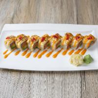 Crystal Roll · Spicy tuna, spicy salmon, spicy yellowtail and avocado inside. Topped with white tuna, tobik...
