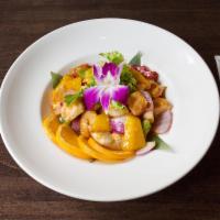 Mango Chicken · Sauteed sliced chicken, mango and vegetables with special teriyaki sauce. Served with miso s...