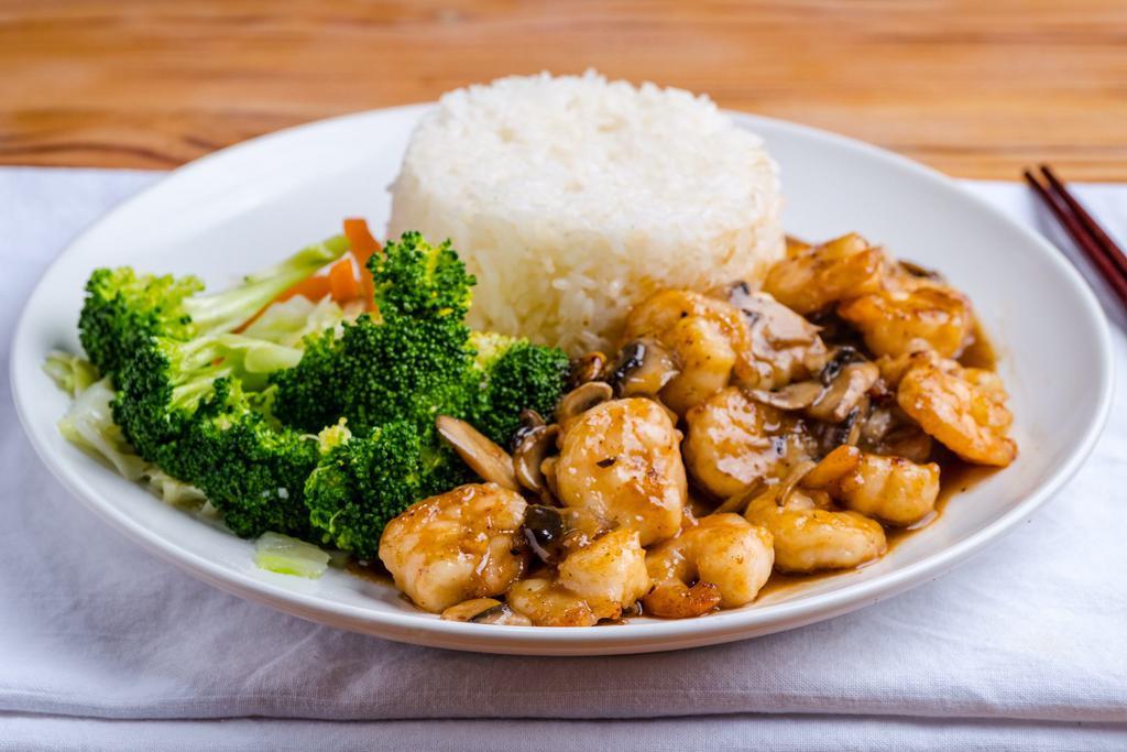 3. Shrimp Teriyaki · Comes with mushroom.
Served with steam rice and mixed vegetables.