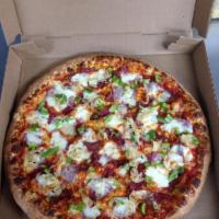 Pizza Prosciutto Pizza · Fresh mozzarella, prosciutto, caramelized onions, green peppers,basil,olive oil