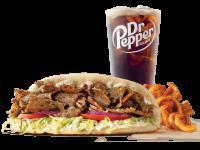 Greek Gyro Sandwich Combo · Authentic, carved gyro meat and Greek seasonings in a warm pita with lettuce, tomato, red on...