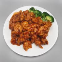 H1. General Tso's Chicken左宗鸡 · Spring chicken cut into large chunk marinated quickly fried till crispy, sauteed with red pe...