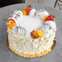 Chaja  · Moist vanilla sponge cake filled fresh Chantilly cream, peaches, Dulce de Leche and our famo...