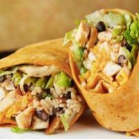 Teriyaki Grilled Chicken Burrito · Served with lettuce, rice, black bean, cheddar cheese, guacamole, salsa and sour cream in yo...