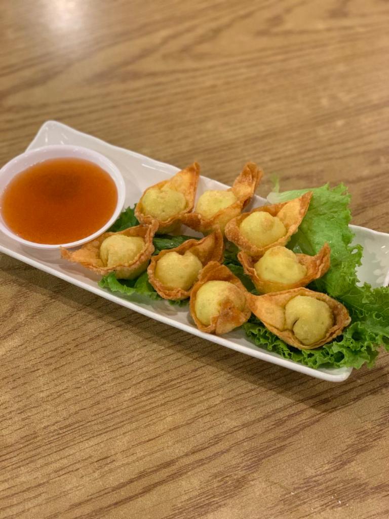 Shrimp Cheese Rangoon 起司虾云吞 · Crispy cream cheese filling with scallion seasoned shrimp served with sweet chili (optional) sauce.