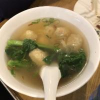 Wonton Noodle Soup 云吞面 · Wonton w. Shrimp & Pork filling Served w. Yellow Thin Egg noodles & Chinese vegetables & Sca...