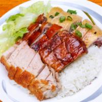 Cantonese Triple Delight 鸡鸭叉烧饭 · Cantonese Style BBQ Three Meats Chicken Roast Duck Honey Roast Pork w. sauté Garlic Cabbage ...