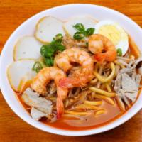 Malaysian Spicy Shrimp Noodle Soup 马来虾面 · Malaysian Style Shrimp Noodle With Fish Cake Shrimp Dried Pork Sprouts yellow Noodle in Spic...