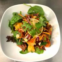 Duck Salad  · Crispy duck with scallion, tomatoes, cashew nuts, pineapple, chilli paste with spicy lime dr...