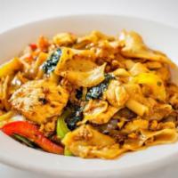 Drunken Noodles  · Broad falt noodles stir fried in spicy soy sauce with onions, fresh chili, bell peppers, fre...