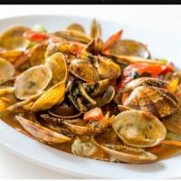Spicy Clams · Chilli paste, birds eye chilles, garlic, basil, onions and bell peppers