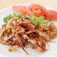 Soft Shell Crab Garlic  · Tempura style with butter garlic sauce, served on top steamed veggies.