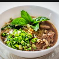 Stewed Beef Noodle Soup · Herbal based soup, stewed beef, Chinese broccoli and bean sprouts.