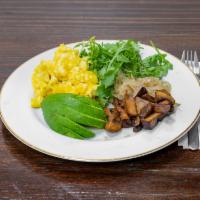 Post-Yoga Breakfast Platter  · Scrambled eggs, avocado, caramelized onions, arugula, and mushrooms.