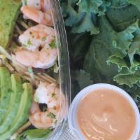 Shrimp Salad · Sliced avocados, shrimp, apples, radish, fava beans, cilantro with homemade dressing.