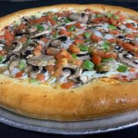 The Hippie Chick Pizza · Green olive, black olive, mushrooms, onion, green pepper and tomato.