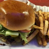 Hamburger · Lettuce, onion, tomato, pickle, mayonnaise and mustard. Served with fries, tator tots, or ch...