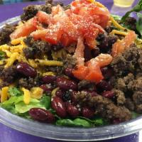 Catalina Salad · Green leaf lettuce, hamburger, kidney beans, fritos, cheddar cheese, tomatoes and Catalina d...