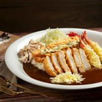 Chicken Katsu Combo · Panko battered chicken with pork sausage, shrimp tempura, boiled egg, curry, cabbage, and re...