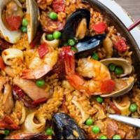 Paella For 2 · Saffron rice, shrimp, scallops, calamari, clams, mussels, chorizo, chicken. 35 -40 minute co...