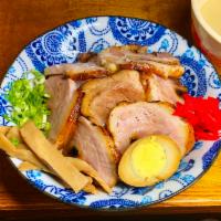 Pork Chashu Don · Sliced tender pork charshu over rice. Our ordinary noodles are made with flour and egg. We r...