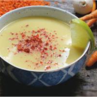 Red Lentil Soup · Red lentil blended with turkish seasonings and fresh herbs.
