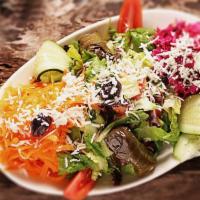 Mediterranean Salad · Fresh tomato, lettuce, green pepper, kirby topped with feta cheese, herbs, olive oil and lem...