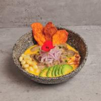 Vegan ceviche · oyster mushrooms marinated in tiger milk, yellow chili peppers cream, avocado, toasted corn ...