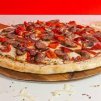 Henrietta Pizza · Red pie, mozzarella, aged provolone, Grana Padano, beef sausage, roasted red peppers, banana...