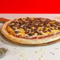 Patrick Pizza · White pie, beef brisket, mozzarella, sharp provolone, caramelized onion, and cherry pepper r...
