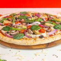 Vegan Leo Pizza · White pie, vegan ricotta, spinach, vegan mozzarella, and fresh oregano.