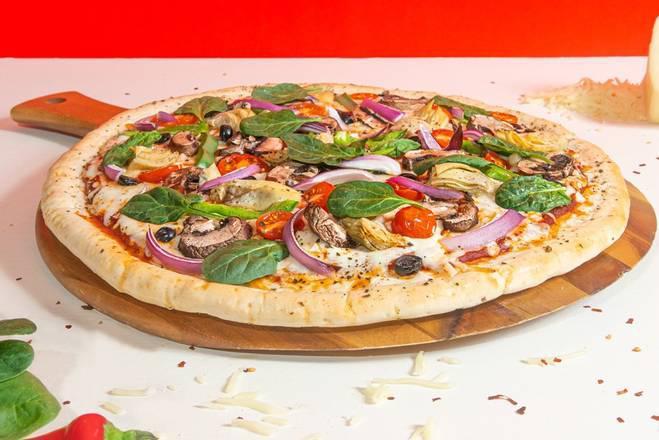 Vegan Leo Pizza · White pie, vegan ricotta, spinach, vegan mozzarella, and fresh oregano.