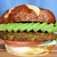 Veggie Burger · Lettuce, tomato and avocado. Served on a delicious pretzel bun.